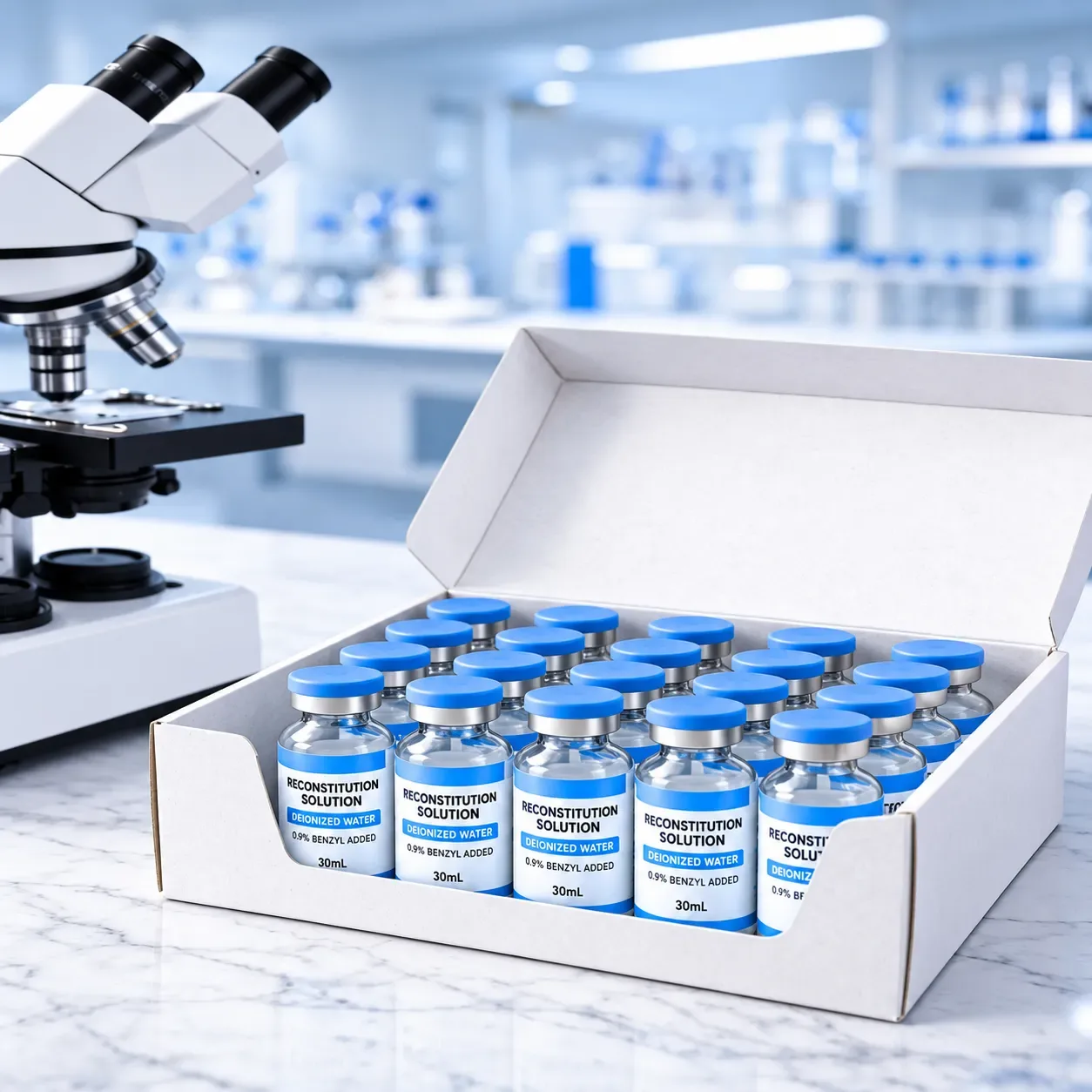 Case of 30 mL vials next to a microscope