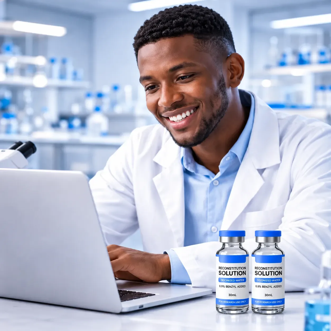 Researcher at a lab desk with two vials