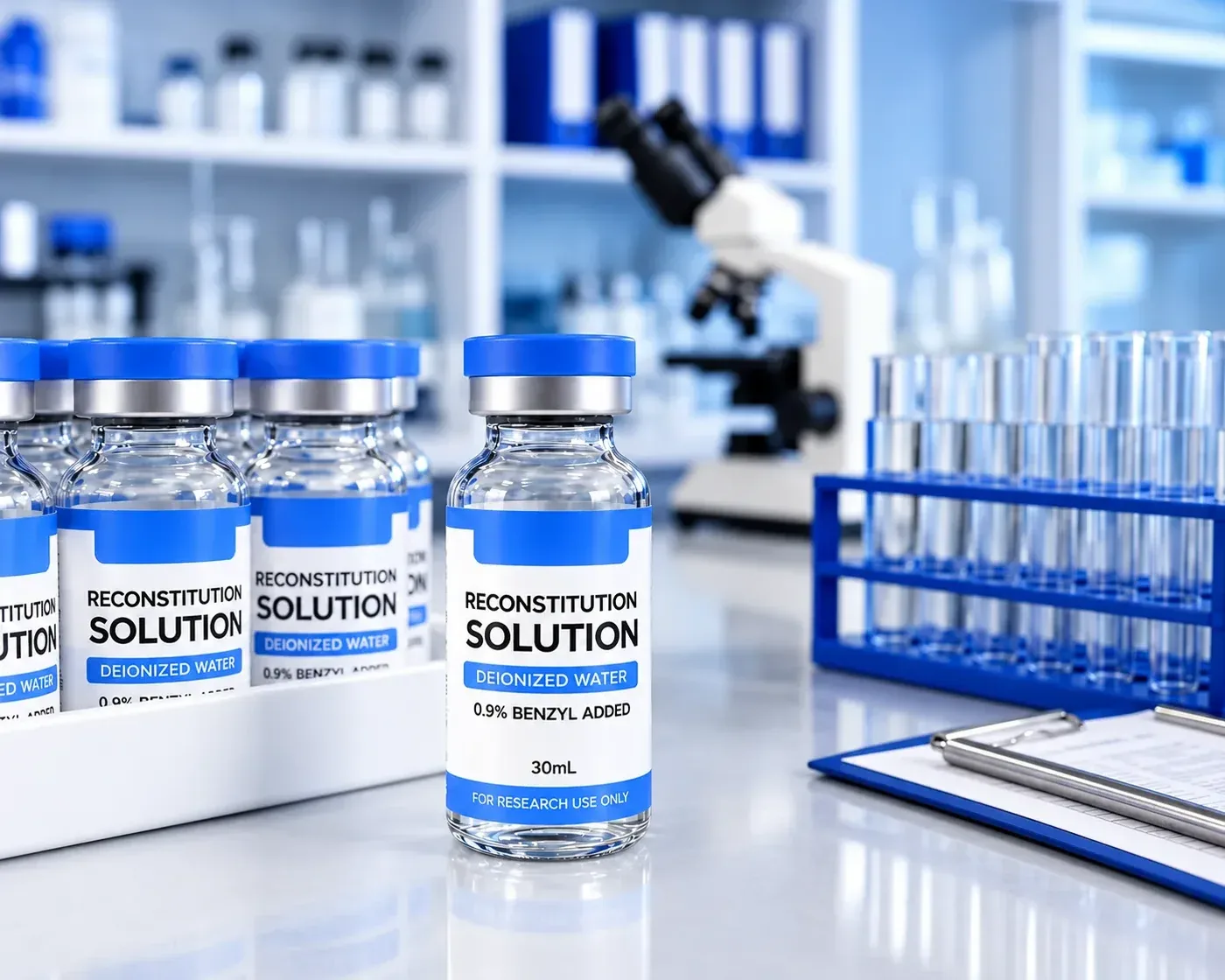 Research vials lined up in a laboratory